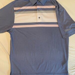Titleist Men's Light Blue Polo with White and Pink Stripes